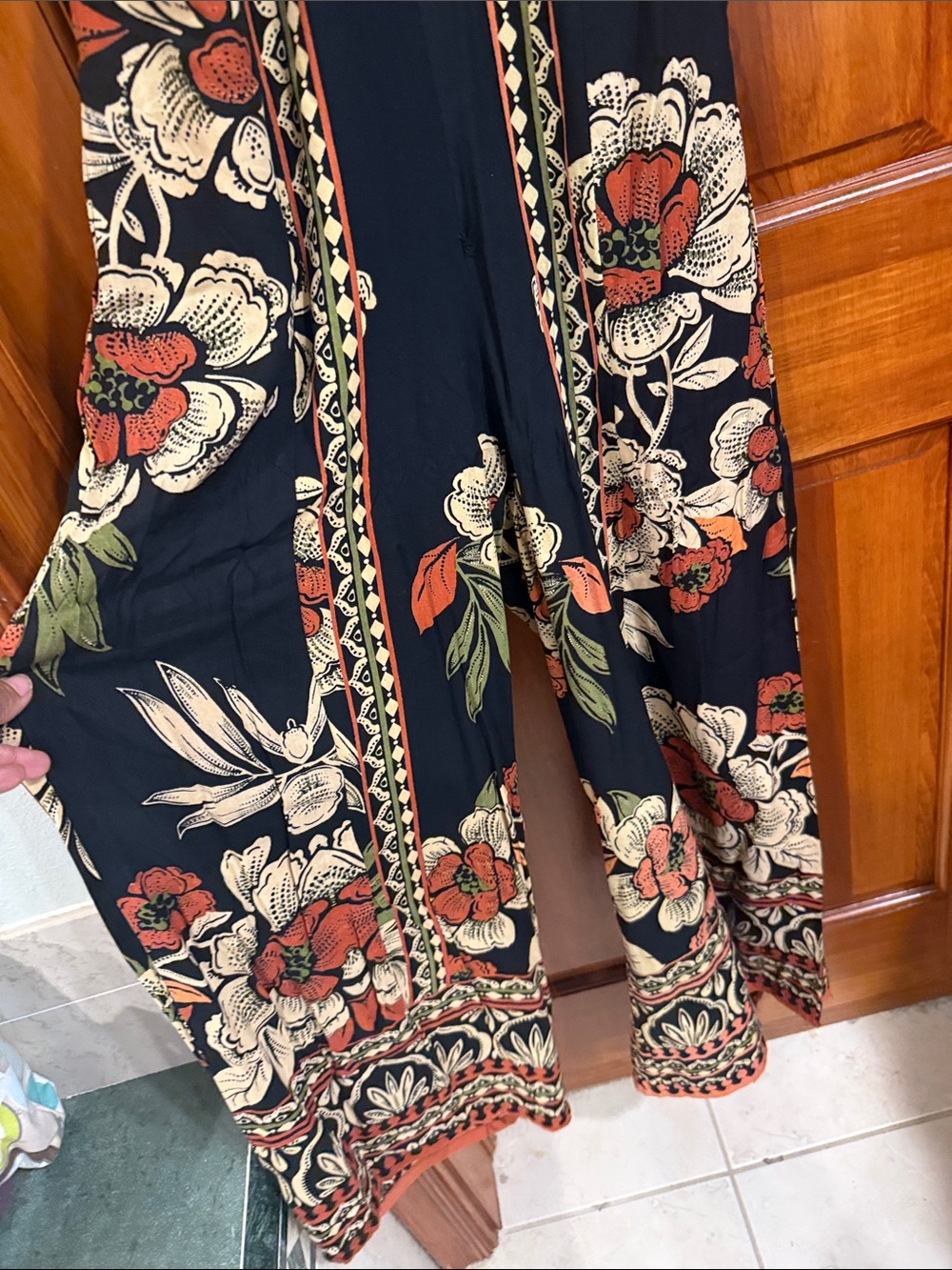 Floral V-Neck Halter Maxi jumpsuit  in Black and Rust - Picture 3 of 10